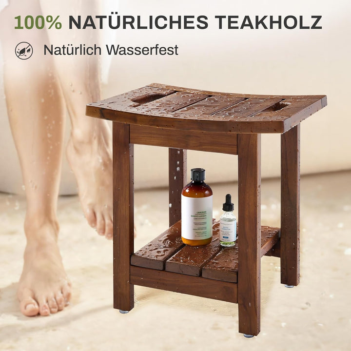 LUE BONA Duschhocker aus Massivem Teakholz, Quadratische Badebank aus Holz, Wasserdichter Badhocker