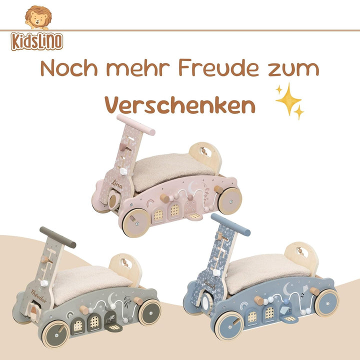 Personalisierter Lauflernwagen aus Holz mit Name – Sicherer Baby Schiebewagen für erste Schritte – L