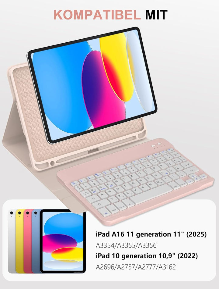 JADEMALL Für iPad 11/10 Generation Hülle mit Tastatur, Deutsch Bluetooth 5.0 Keyboard Case für iPad