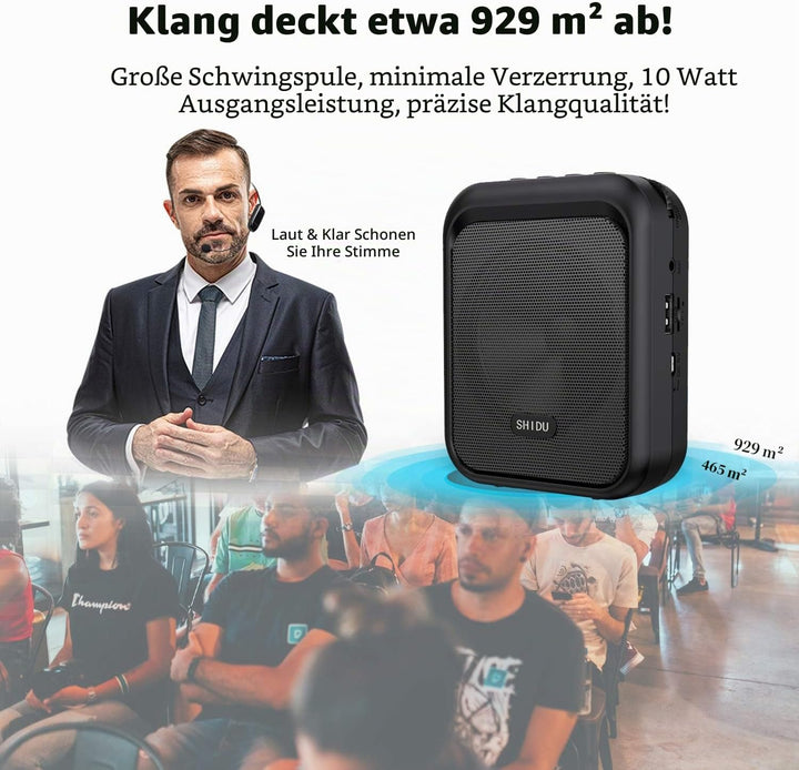 SHIDU Sprachverstärker Tragbarer Bluetooth Lautsprecher mit drahtlosem UHF Mikrofon Headset 10W 1800