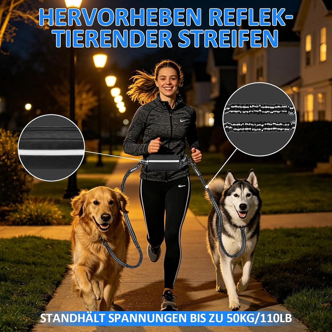 Philorn Joggingleine für 2 Hunde, Freihändig Laufleine für Hunde, Bauchgurt Hundeleine zum Joggen La