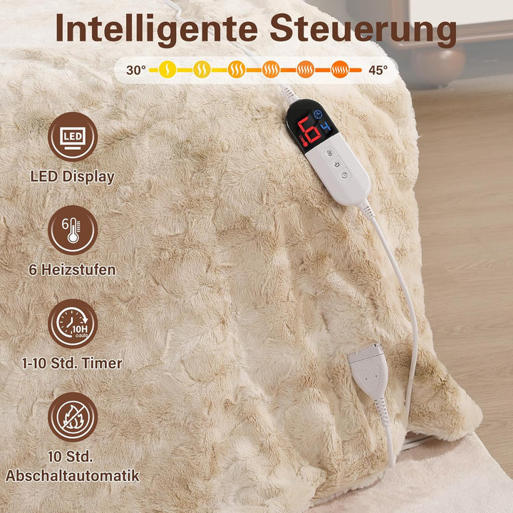 ESTINGO Elektrische Heizdecke 180x130cm, Elektrische Wärmedecke mit Timer Abschaltautomatik, 6 Heizs