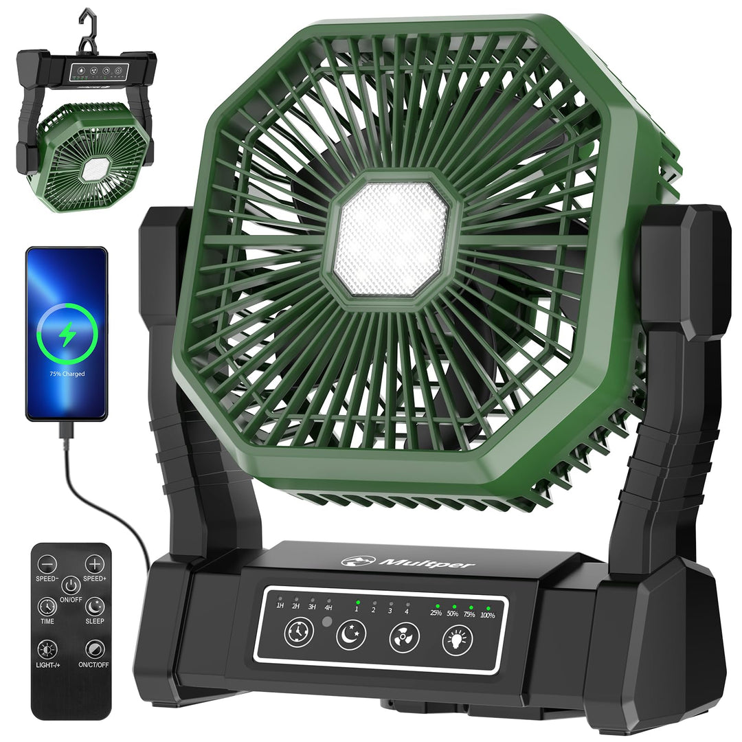 Multper Campingventilator mit LED-Licht, 20000 mAh Wiederaufladbarer Outdoor Zeltventilator mit Hake