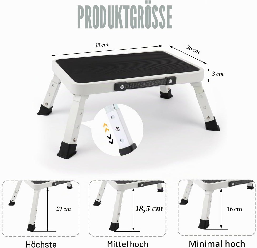 3-stufig höhenverstellbarer klappbarer Tritthocker, rutschfeste Plattform, Gummifüsse, tragbare eins