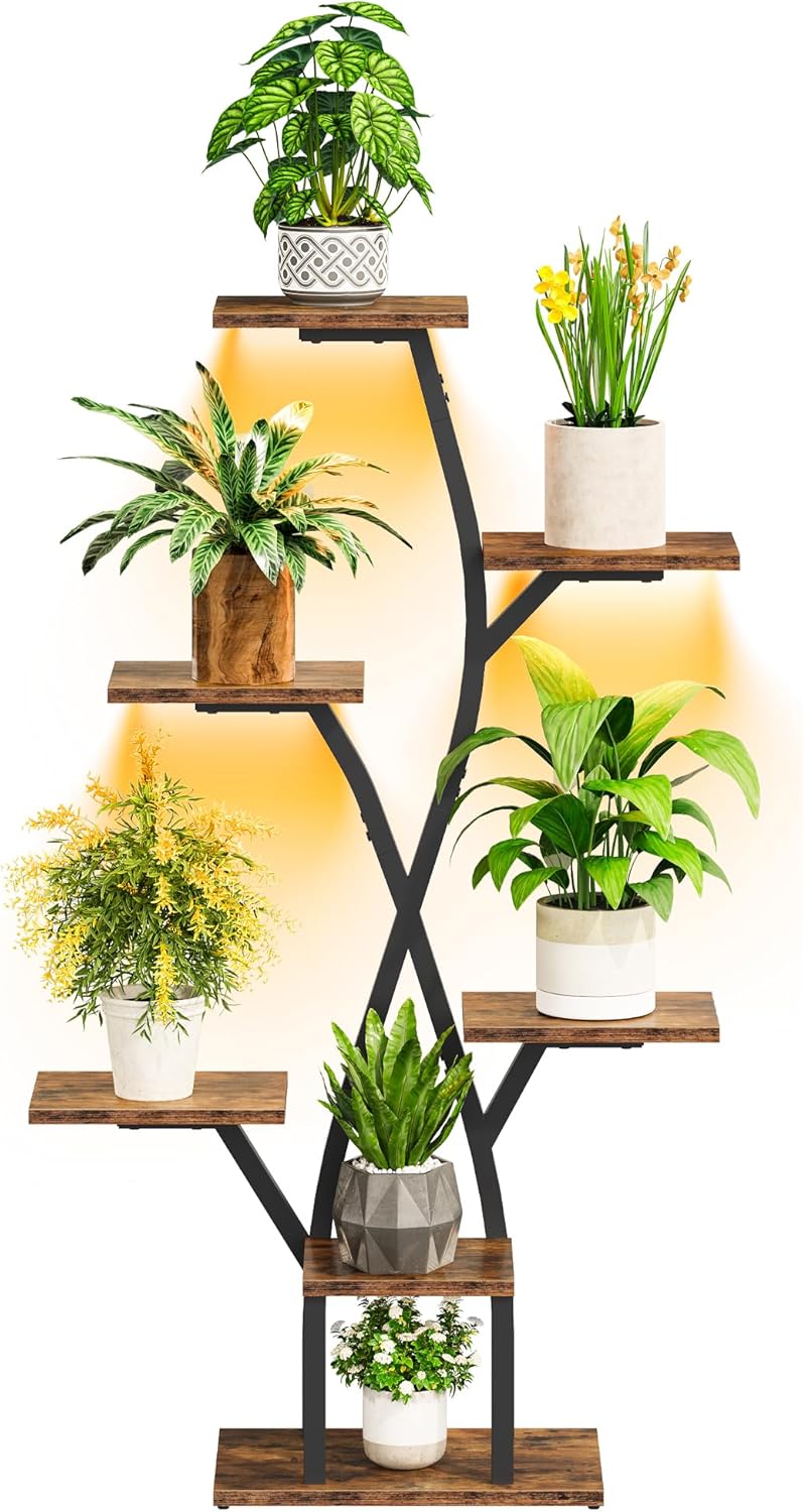 CHOEZON Blumenständer mit Pflanzenlampe, 7-stufiges Pflanzenregal aus Spanplatten, dimmbares LED Pfl