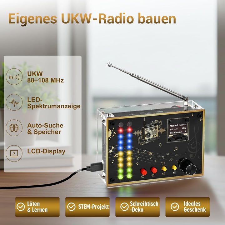 DIY FM Radio Lötbausatz, Elektronik Bausatz zum Löten mit OLED Display, LED Spektrum Anzeige, UKW 88