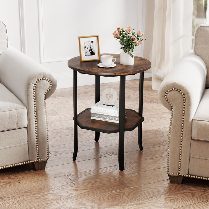 COSTWAY Runder Beistelltisch, 2-stufiger Sofatisch mit offenem Regal, industrieller Wohnzimmertisch,