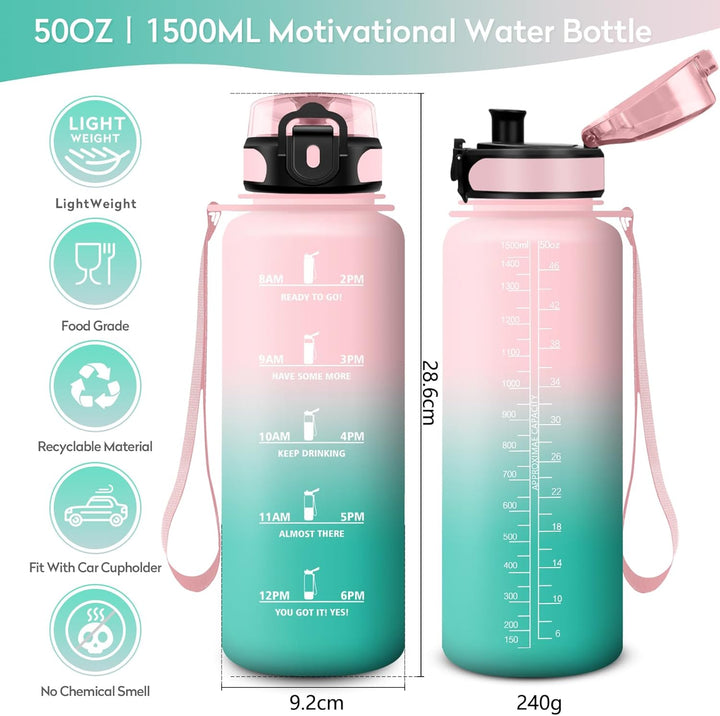 KollyKolla Trinkflasche Kohlensäure Geeignet, 500ml/1L/1.5L, Sport Trinkflasche mit Zeitmarkierung,