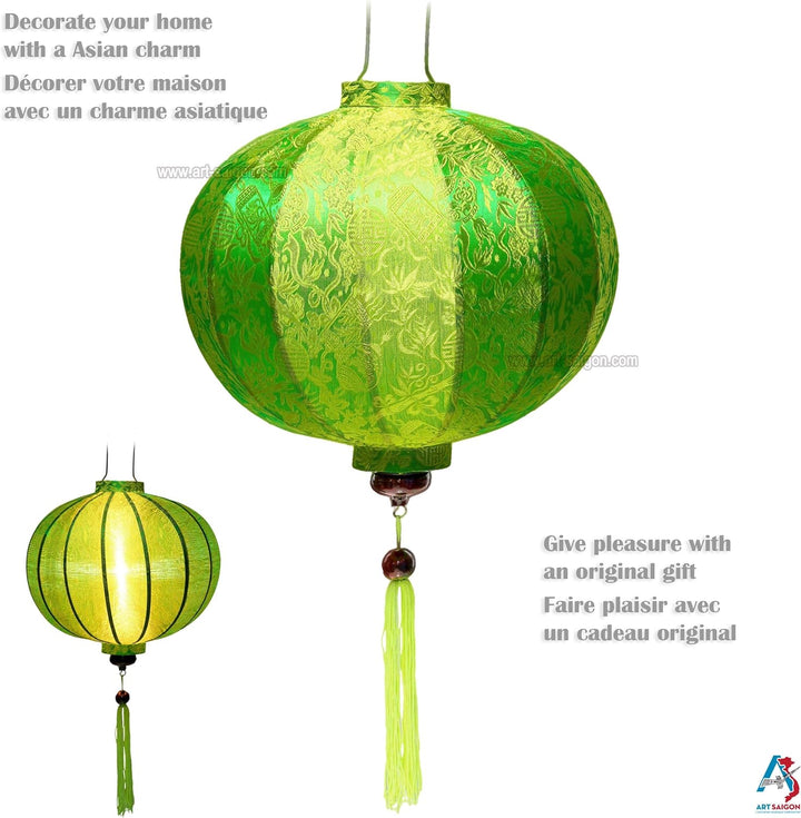 Laterne Lampion Asiatische aus Seide Grün, R Ø33cm - Traditionelle Hoi An Hängelampe aus Stoff, Bamb