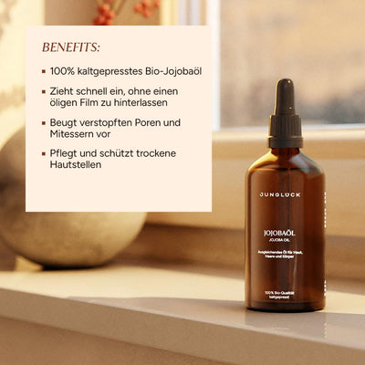JUNGLÜCK Jojobaöl BIO 100ml - Vegan | 100% Rein, Natürlich und Kaltgepresst Bio-Jojoba-Öl - Nährende