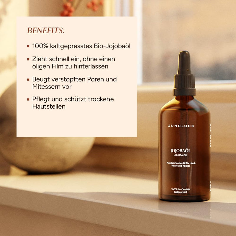 JUNGLÜCK Jojobaöl BIO 100ml - Vegan | 100% Rein, Natürlich und Kaltgepresst Bio-Jojoba-Öl - Nährende