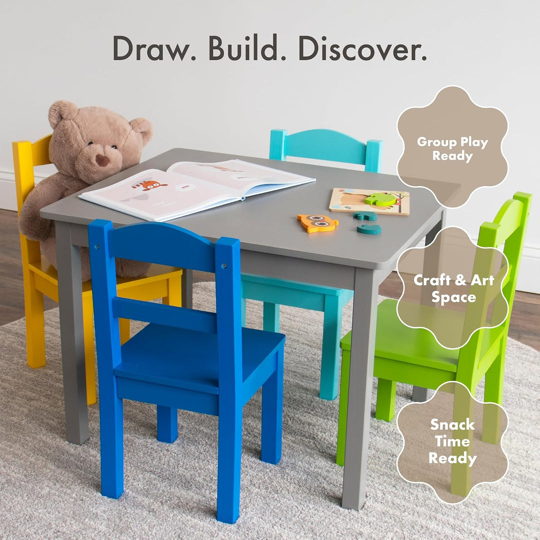 Humble Crew bunter Holztisch für Kinder, Grau/Blau/Grün/Gelb! Mit 4 Stühlen, ideal für Kinderzimmer.