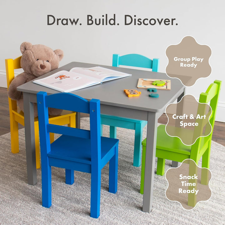 Humble Crew bunter Holztisch für Kinder, Grau/Blau/Grün/Gelb! Mit 4 Stühlen, ideal für Kinderzimmer.