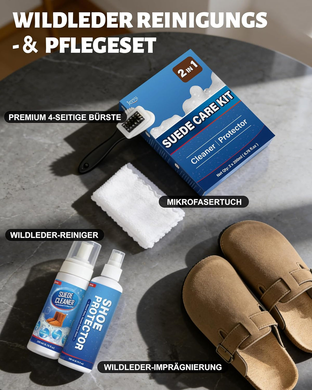 Jevvu Wildleder Reiniger Set mit Imprägnierspray, Wildlederbürste &amp; Mikrofasertuch, Schuhpflege Set