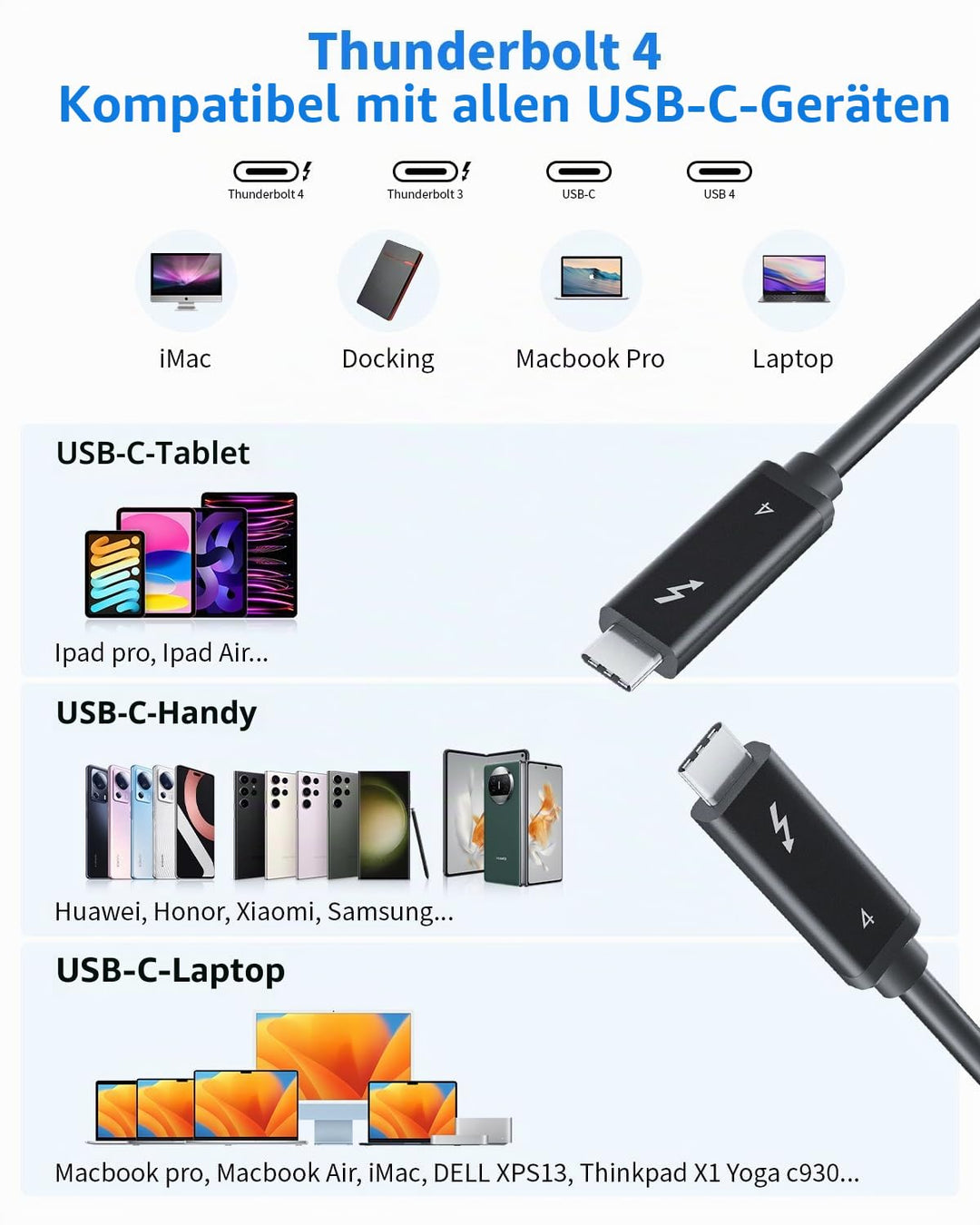 BolAAzuL Thunderbolt 4 Kabel 80cm, USB-C Kabel TB4 8K 60Hz 40Gbps PD 100W zertifiziert USB 4.0 Kabel