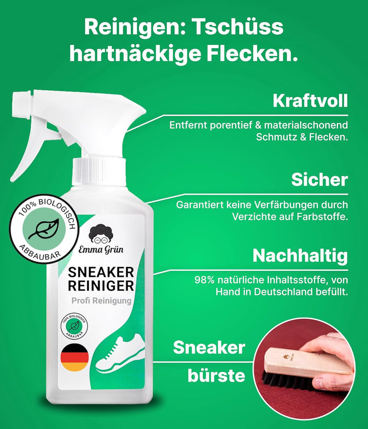 Emma Grün® Sneaker Cleaner Reinigungsset 250ml [Bürste + Imprägnierspray] - Nachhaltiges Komplettset