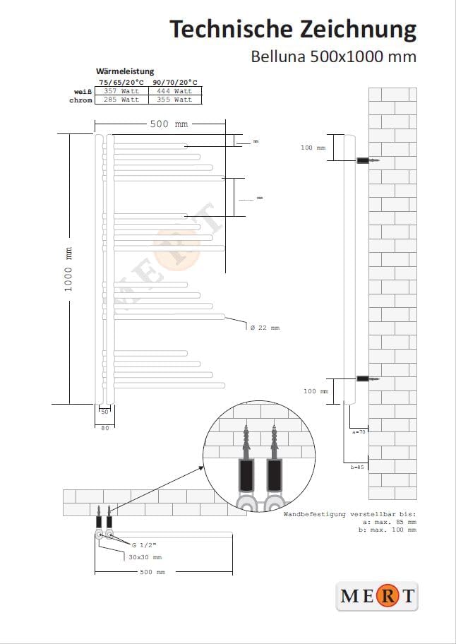 MERT Design Badheizkörper BELLUNA Weiss 500 x 1000 mm Mittelanschluss
