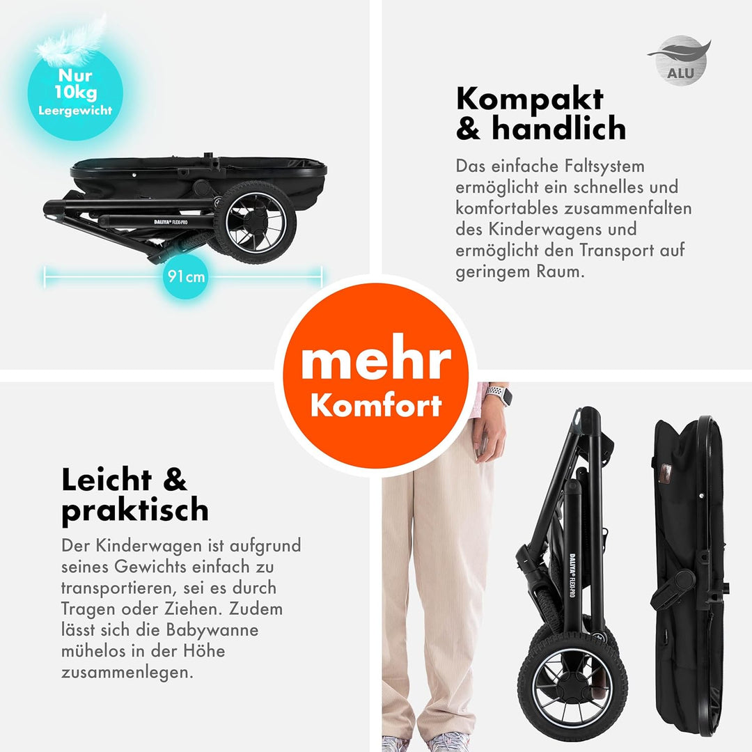 Daliya® FLEXI-PRO M 2in1 Kinderwagen & Buggy (Schwarz Uni), Schwarz Uni