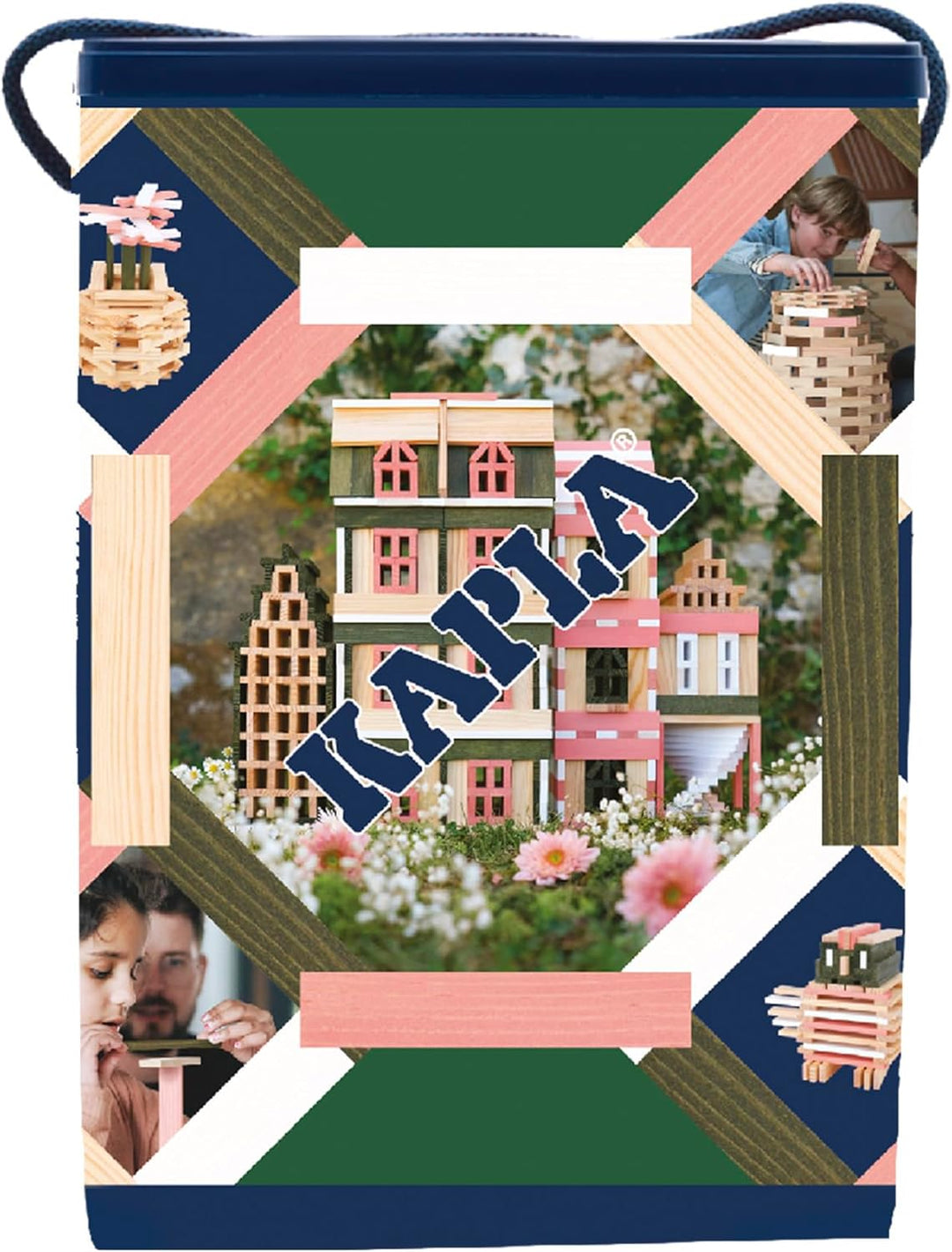 KAPLA Fass Frühling 200 farbige Plättchen (Grün, Rosa und Weiss), Holzspielzeug, Bauspiel, ab 2 Jahr