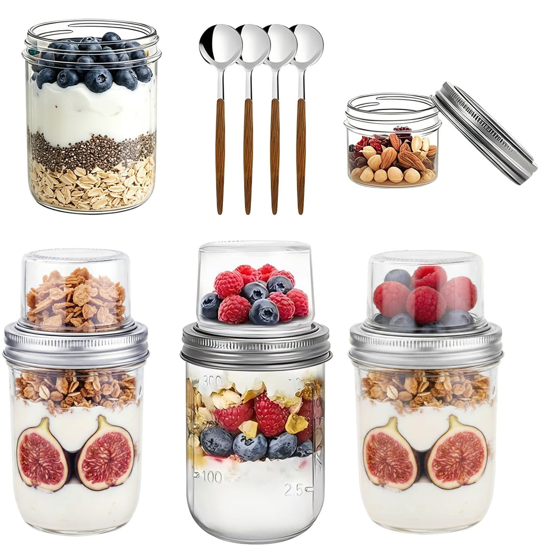 4er müslibecher to go, 400ml+100ml Overnight Oats Gläser, Joghurtbecher mit Doppelschicht-Design, Tr