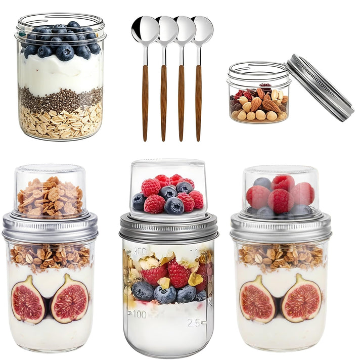 4er müslibecher to go, 400ml+100ml Overnight Oats Gläser, Joghurtbecher mit Doppelschicht-Design, Tr