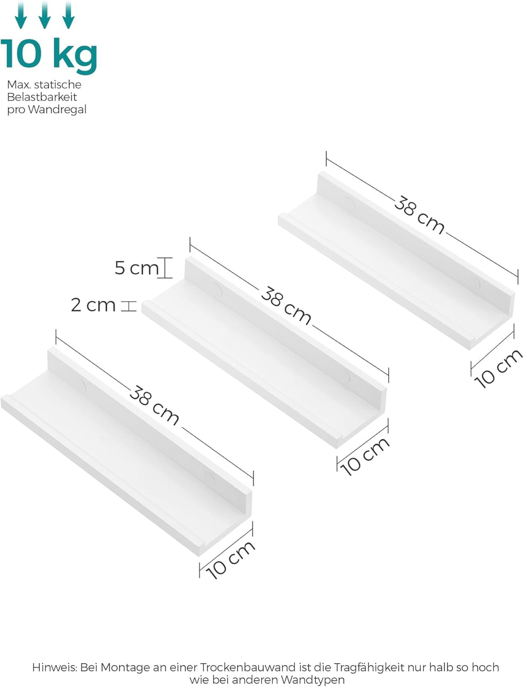 SONGMICS Wandregal, Schweberegal, 3er Set, 10 x 38 cm, Wandboard für Bilderrahmen und Bücher, Bilder