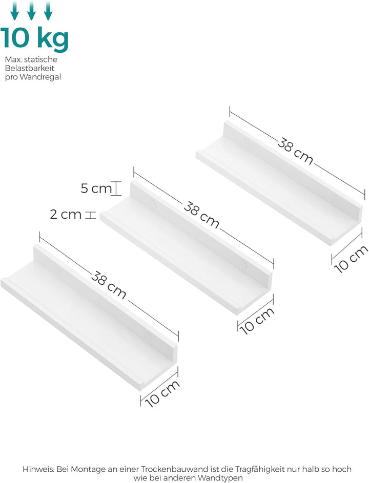 SONGMICS Wandregal, Schweberegal, 3er Set, 10 x 38 cm, Wandboard für Bilderrahmen und Bücher, Bilder
