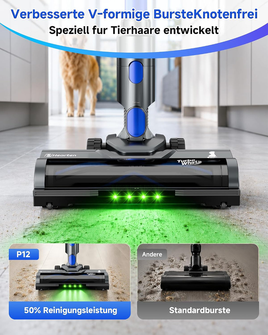Akku Staubsauger mit Display, Staubsauger Kabellos mit Anti-Tangle-Bürste | Selbststehend, Ultraleis