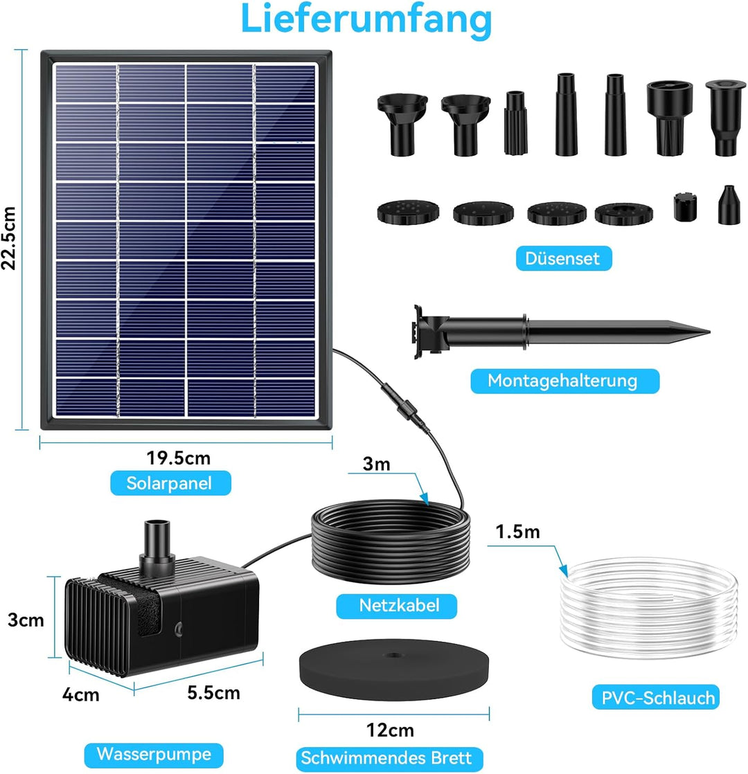 POPOSOAP Solar Springbrunnen für Aussen, 6,5 W 240 L/h Solarbrunnen mit integriertem 3000 mAh Akku,