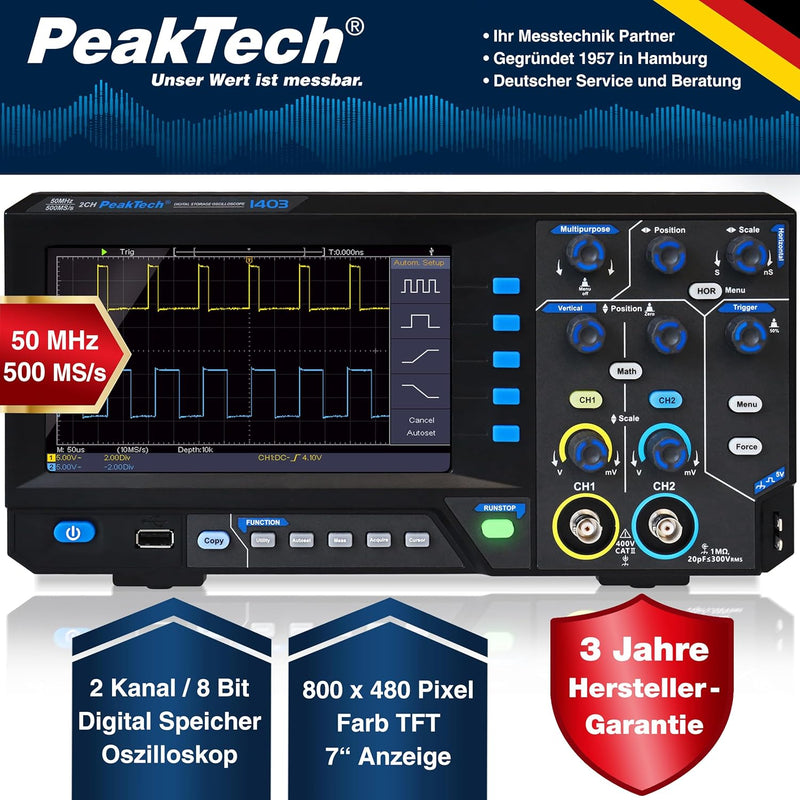 PeakTech 1403, Digital Speicher Oszilloskop, 2 Kanal, 50 MHz, 500 MS/s, USB Schnittstelle, PC Softwa