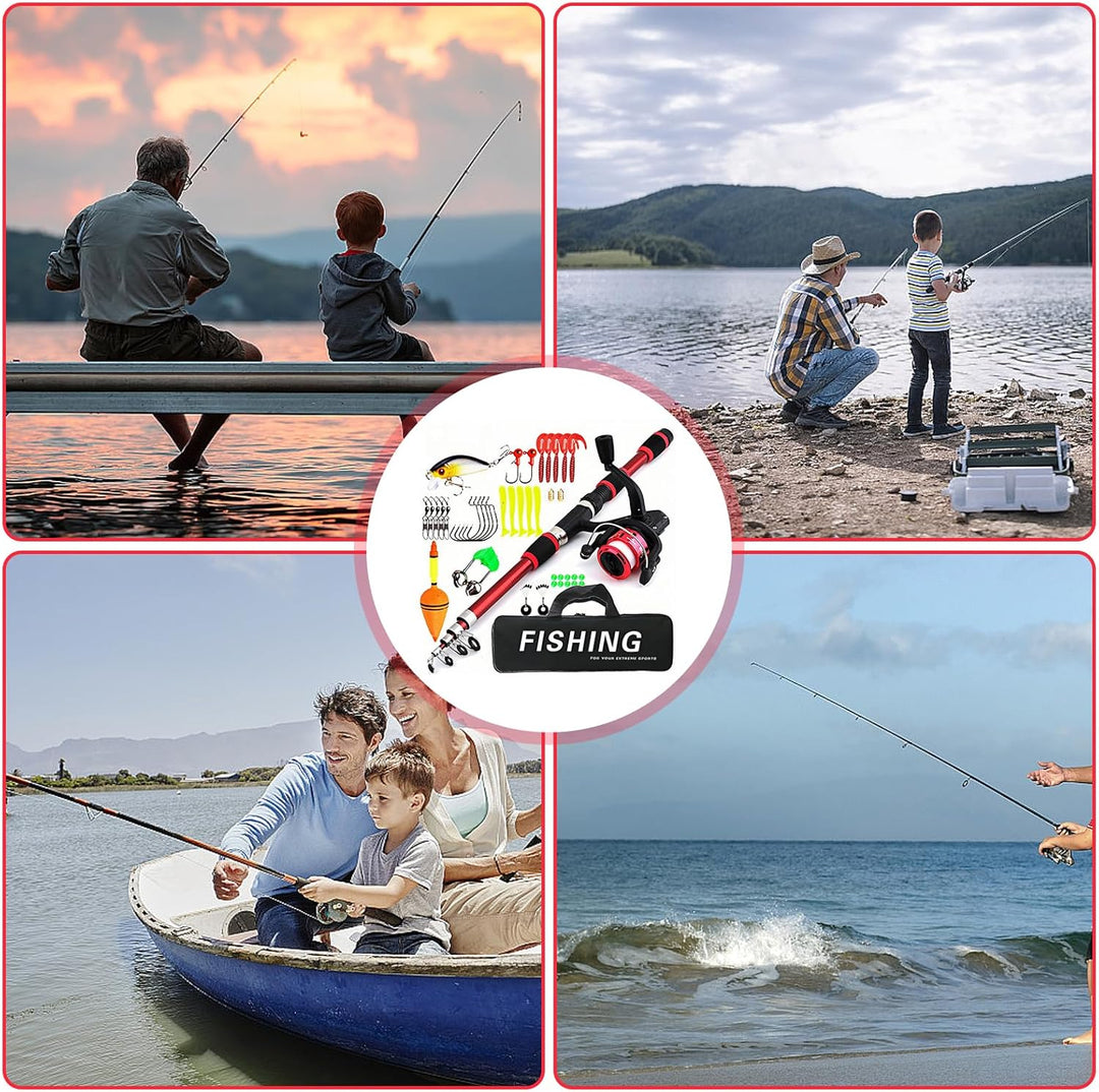 Angelset für Kinder, Rot 1.8m Kinderangel Starter Set, Angelrute Set Kinder mit Angelrolle und Köder