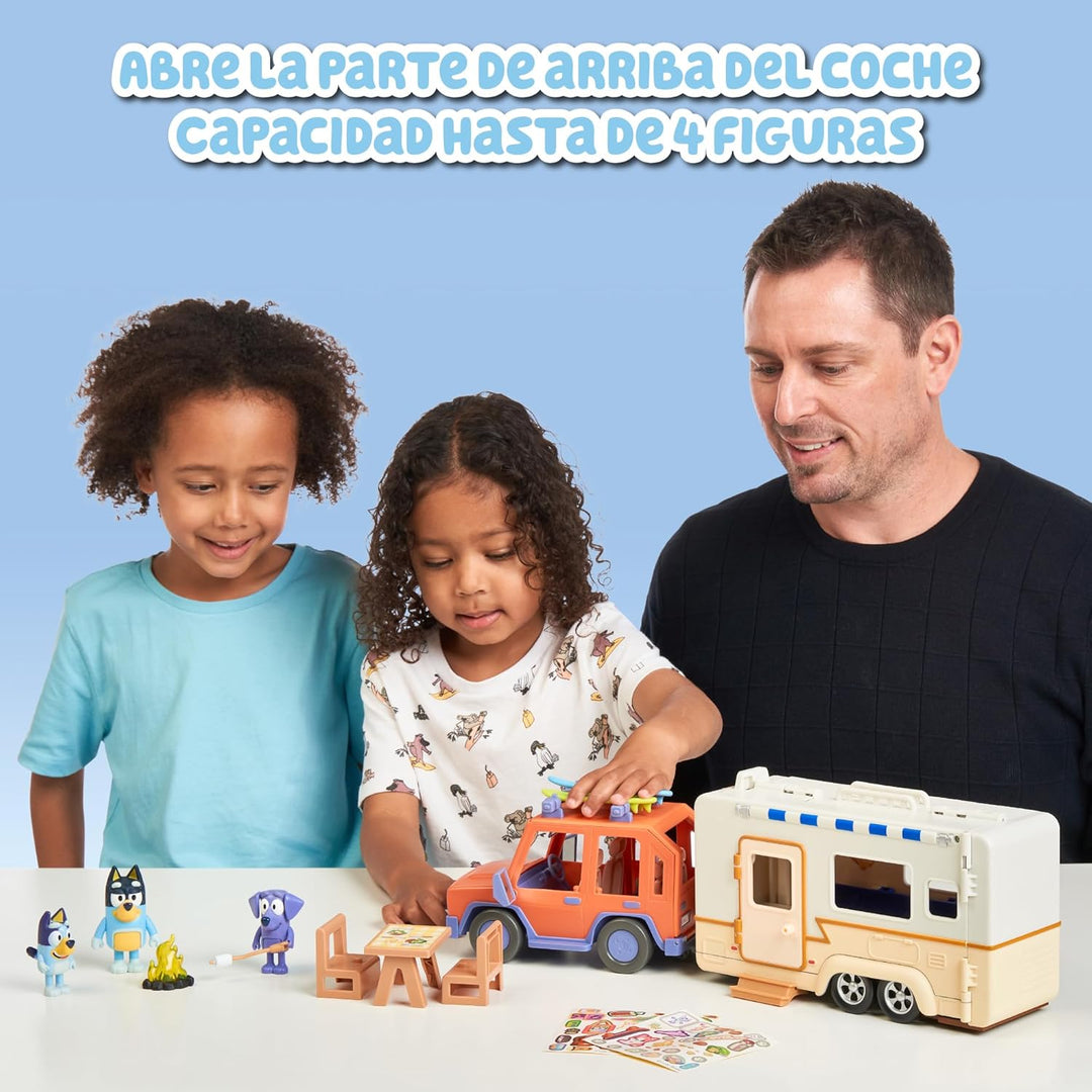 Bluey - Set Family Cruiser + Campervan, Playset für Familienautos, mit 3 Figuren, 10 Accessoires und