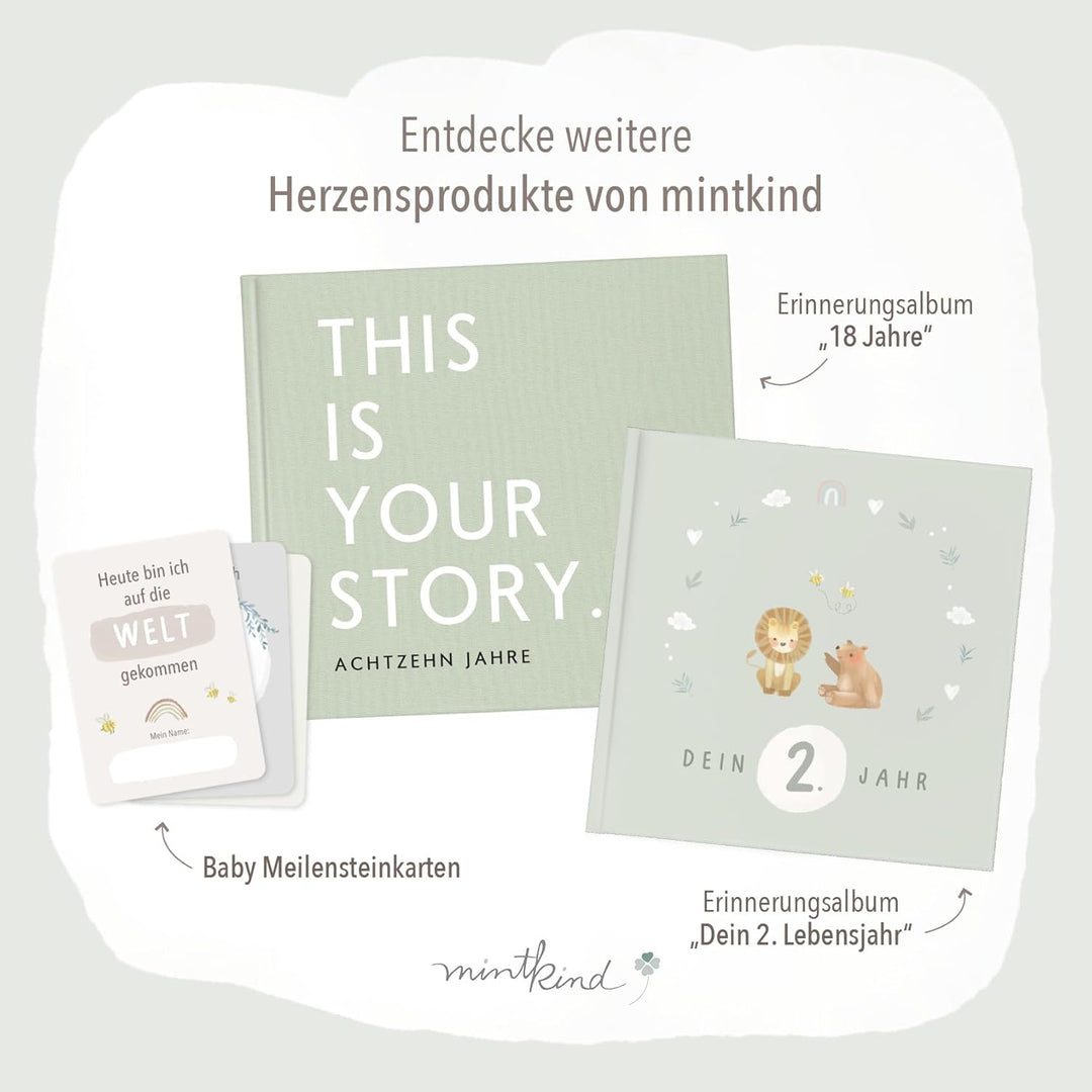 mintkind® Mein erstes Jahr Babyalbum Salbei – sanftes Babytagebuch mit 176 Seiten und Sticker-Set fü