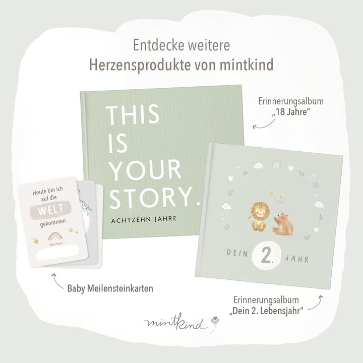 mintkind® Mein erstes Jahr Babyalbum Salbei – sanftes Babytagebuch mit 176 Seiten und Sticker-Set fü