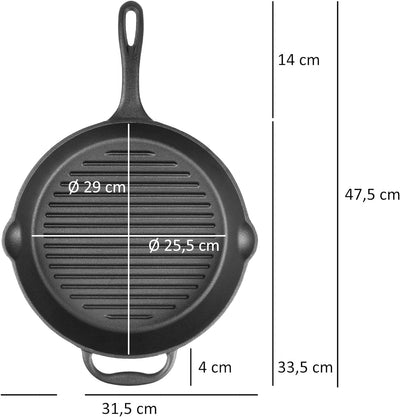 BBQ-Toro Gusseisen Bratpfanne Ø 29 cm | Gusseisen-Grillpfanne mit Griff, Stiel und zwei Ausgiesser,