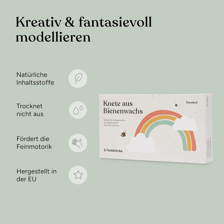 Ehrenkind® Bienenwachs Knete Kinder 6 Farben, natürliche Modelliermasse, wiederverwendbar, trocknet