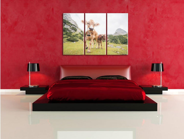 Pixxprint Almkuh auf der Weide als Leinwandbild/Grösse: 3 Teilig (120x80 cm) cm/Wandbild/Kunstdruck/