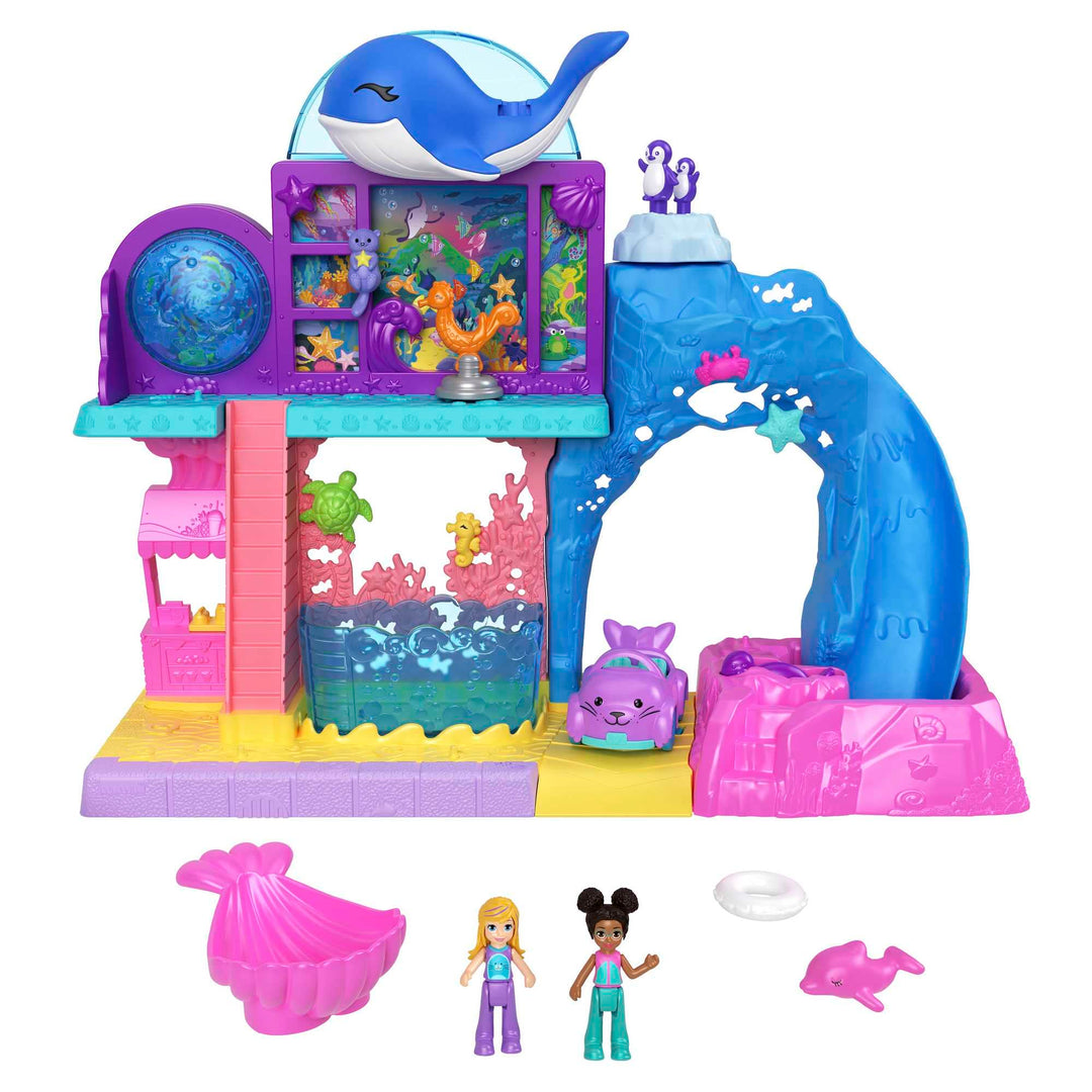 Polly Pocket Pollyville Aquarium mit Shani, Spielset mit 2 Puppen, Spielzeugauto und 11 Zubehörteile