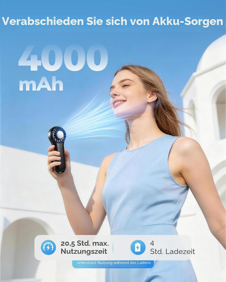 Handventilator mit Kühlfunktion, Tragbarer Mini Ventilator 20000 RPM Hochgeschwindigkeit, 20.5H Lauf