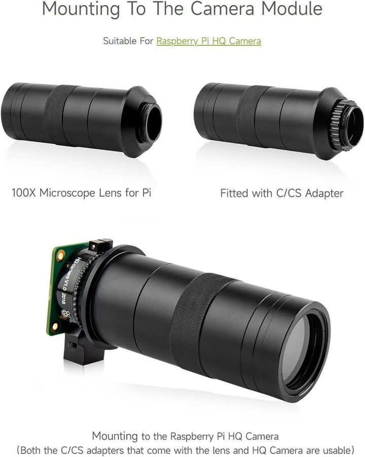 Waveshare Industrial Microscope Lens with 100X Magnification, C/CS-Mount, Compatible with Raspberry