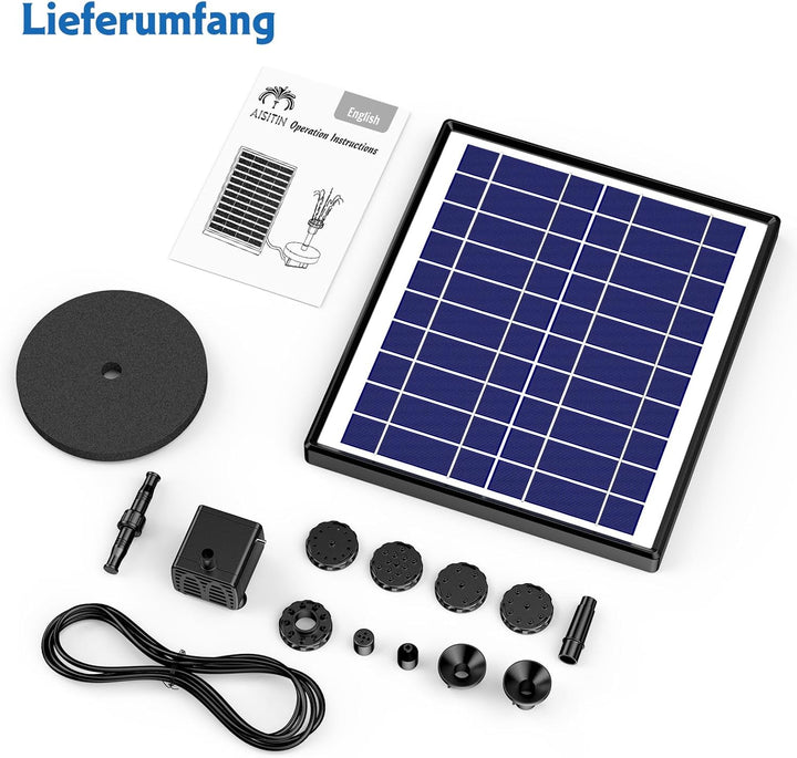 AISITIN 6.5W Solar Springbrunnen Eingebaute1500 mAh Batterie Upgraded Solar Teichpumpe Wasserpumpe S