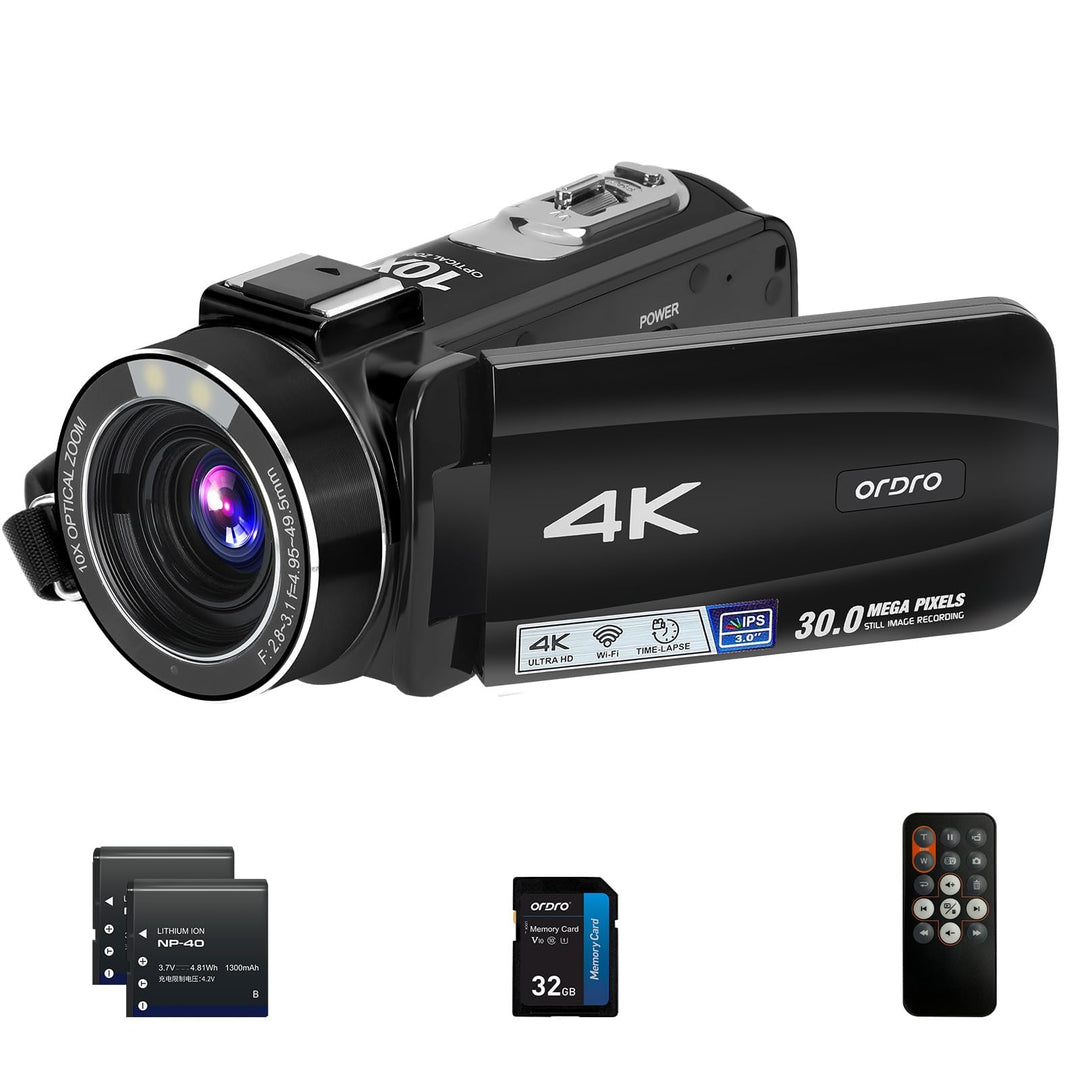 ORDRO 4K Videokamera Camcorder Ultra HD Camcorder mit 10-Fach Optischem Zoom & 120-fachem Digitalzoo