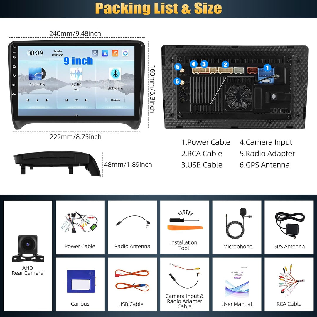 CAMECHO Android 15 Qualcomm Octa Core 4G+64G Autoradio für Audi TT MK2 8J mit Carplay Android Auto N