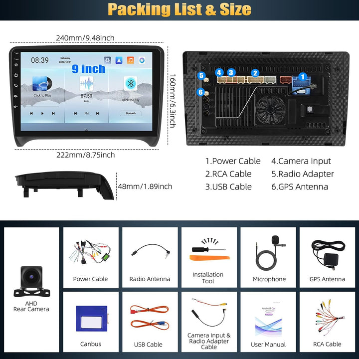 CAMECHO Android 15 Qualcomm Octa Core 4G+64G Autoradio für Audi TT MK2 8J mit Carplay Android Auto N