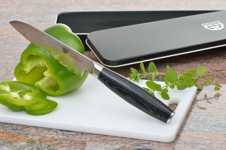 GRÄWE Damaszener Santokumesser 12 cm - Damast-Küchenmesser mit 65-lagiger Klinge und Micarta-Griff,