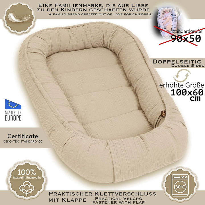 PaLulli Babynest aus 100% Musselin Baumwolle Premium Kuschelnest Babynestchen 100x60cm Klettverschlu