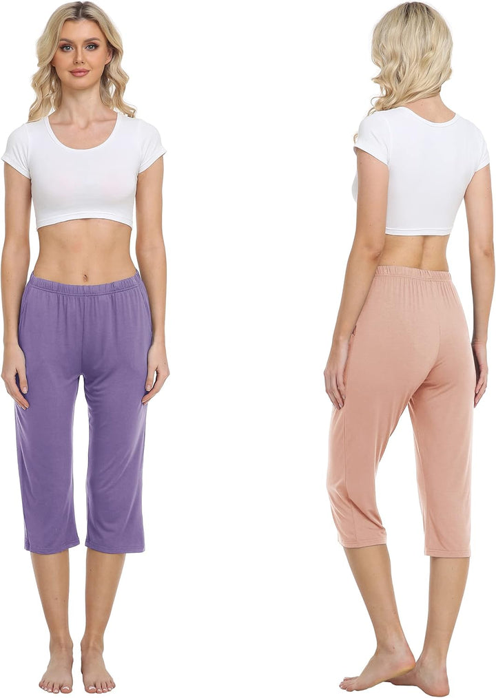MoFiz Damen Schlafanzughose 3/4 Lang Schlafhose Modal Nachtwäsche Weich Pyjamahose Freizeithose mit
