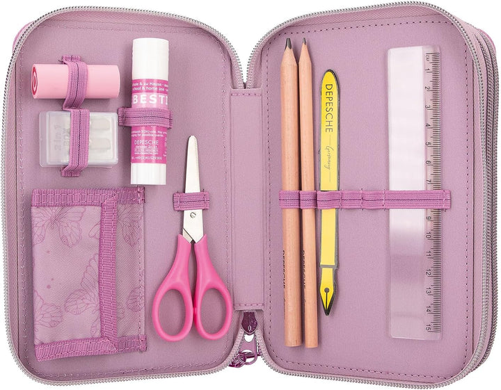 Depesche 12775 TOPModel Fairy Love - Gefüllte 3-Fach Federtasche in Mauve mit Model-Motiv und Schmet