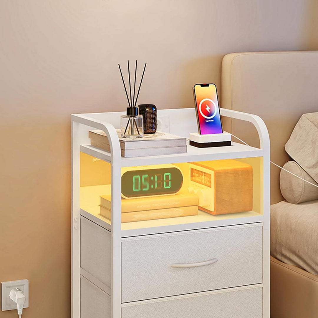 HOOBRO Nachttisch mit 2 Schubladen, Beistelltisch mit Ladestation und dimmbarer LED-Beleuchtung, Sof