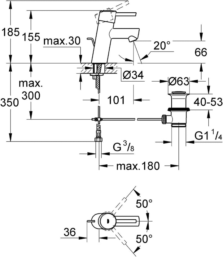 GROHE Concetto Badarmatur, Zugstange, Standard-Auslauf 3220410E, Silber S zugstange mit